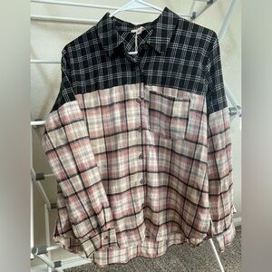 Hem & Thread Checkered Button-Up Shirt in Black and Pink